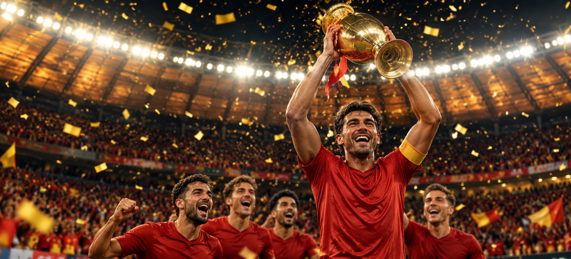 A football captain celebrating a final victory with his teammates