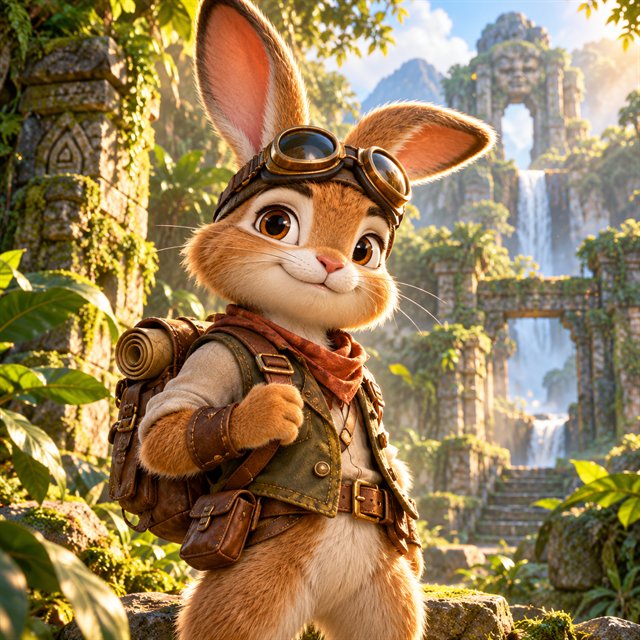 Explorer rabbit wearing aviator goggles in jungle ruins