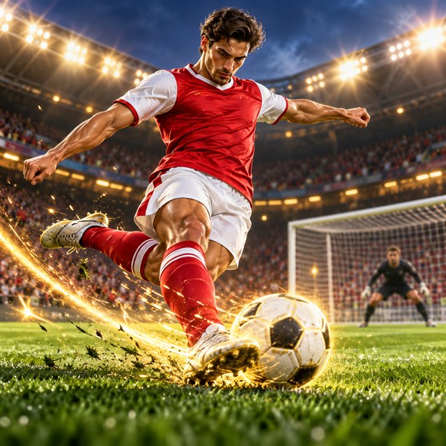 Football striker taking a shot under stadium lights
