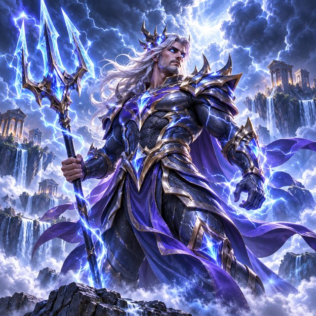 Cyber thunder warrior holding a glowing blue trident