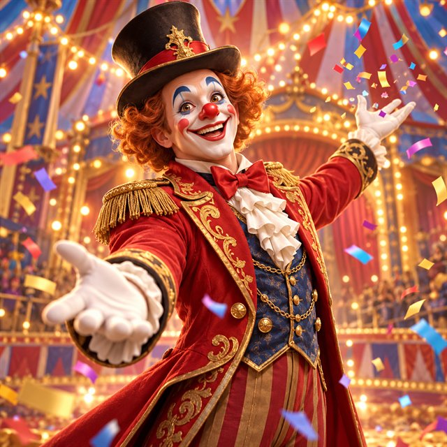 Friendly circus clown ringmaster with colorful confetti