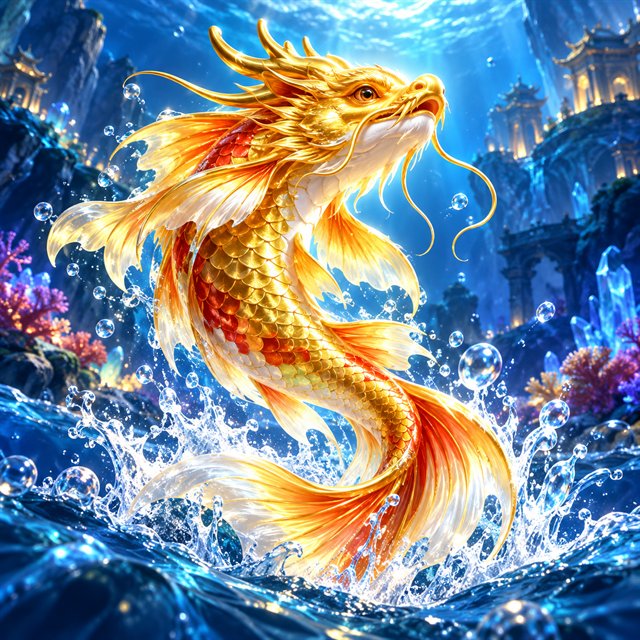 Golden koi dragon fish leaping through blue water