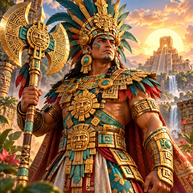 Mayan sun king warrior with an ornate golden axe