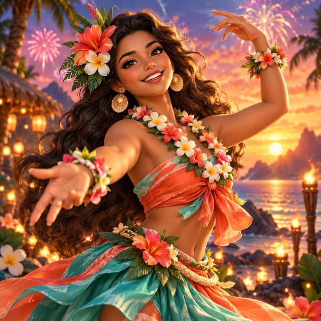 Hawaiian festival dancer celebrating beside fireworks