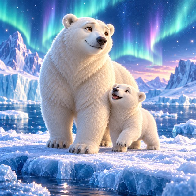Polar bear mother and cub beneath an Arctic aurora