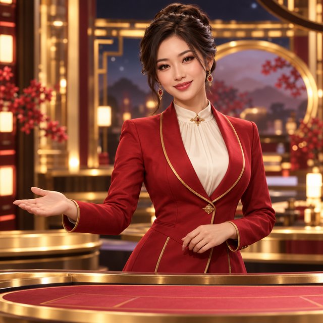 Red formal casino host in a luxury live studio