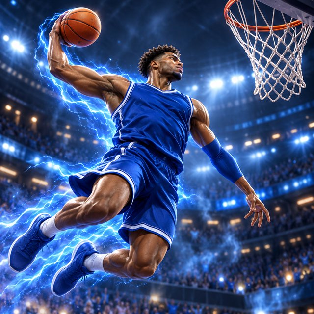 Basketball player rising for a slam dunk in a blue arena