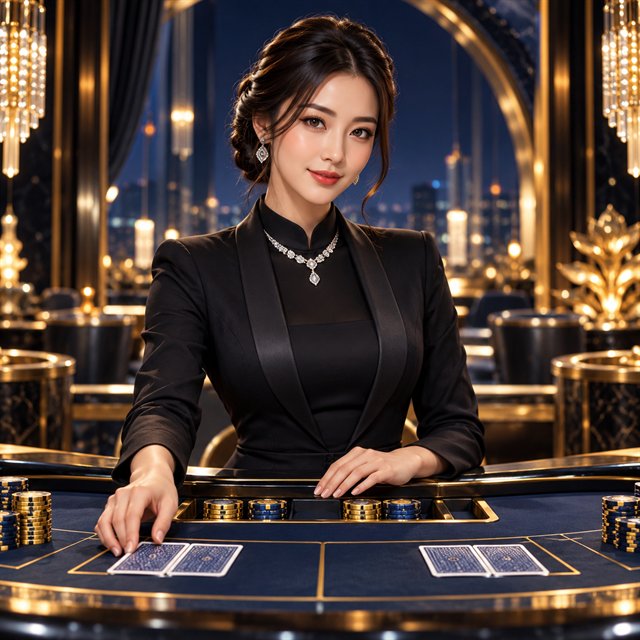 Baccarat host wearing a refined dark jacket and diamond necklace