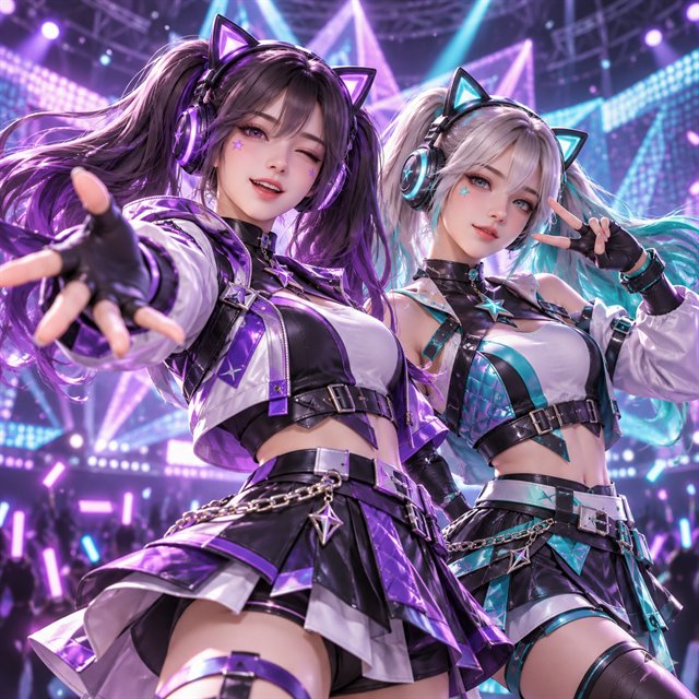 Cyber-pop twin performers with cat-ear headphones on a neon stage